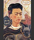 Frida Kahlo Canvas Paintings - Self Portrait with Small Monkey
